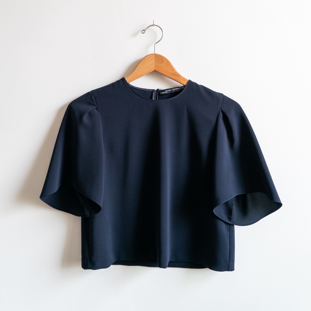 Zara, navy, crop blouse with bell sleeves